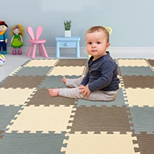 Yostrong® 18 Tiles Interlocking Puzzle Foam Baby Play Mat with Straight Edges for Playing - EVA Babies Crawling Mat | Rubber Floor Work Out Mats for Home Gym. Brown, Beige, Gray. YOC-FJLb18S18 - 18 Tiles + Straight Edge