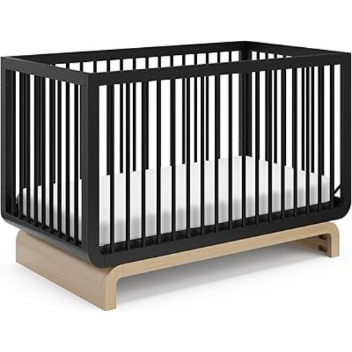 Storkcraft Santorini Deluxe 5-in-1 Convertible Crib with Bonus Toddler Guardrail (Black with Driftwood) – GREENGUARD Gold Certified, Toddler Guardrail Included in Box, Fits Standard Crib Mattress