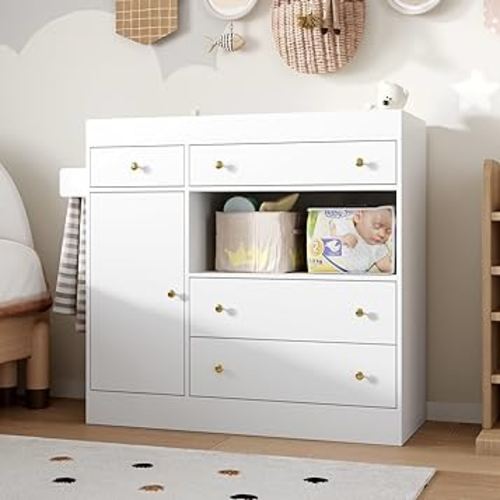 AIEGLE Nursery Dresser with Changing Table Top, Baby Dresser with 4 Drawers and Middle Open Shelf, Diaper Changing Station with Storage, Wooden Chest of Drawers for Kids Bedroom, White