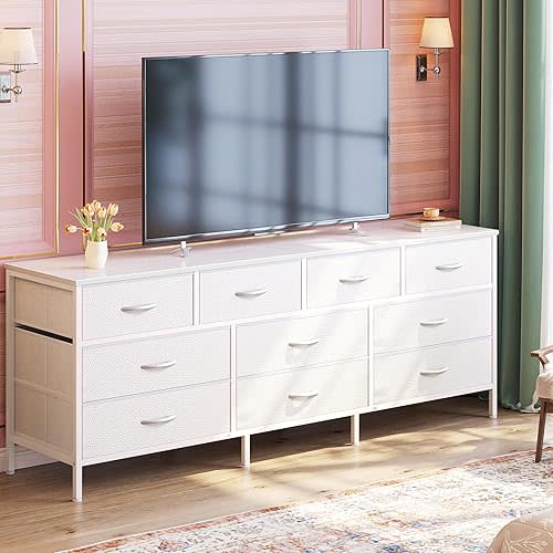 Huuger 63 Inch Dresser for Bedroom, Long Dresser with 10 Fabric Drawers, TV Stand for 55, 65, 70 Inch TV, Toy Storage Organizer for Closet, White