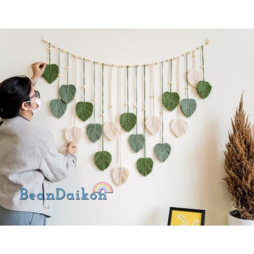 Macrame Jungle Nursery Decor, Boho Safari Nursery Wall Art, Leaves Garland, Green Themed Decor, Macrame Headboard, Baby Room Decor L09