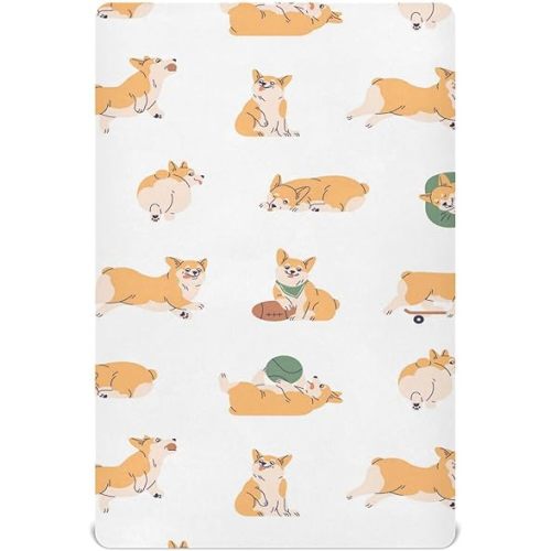 Crib Sheets for Boys Girl Cute Corgi Neutral Mini Crib Mattress Sheets Fitted, Funny Dogs Toddler Baby Sheets for Crib Mattress Soft & Breathable 39 * 27 * 5In