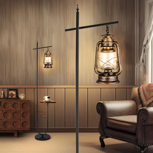 workluurop Vintage Floor Lamp with Table,Classical Lantern Standing Rustic Farmhouse Nightstand Hanging Arc Floor Lamp with Bronze Gold Finish,for Living Room,Bedroom,Reading Room(Bronze)
