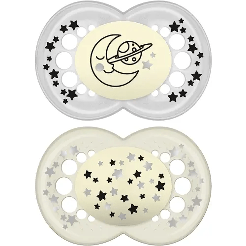 MAM Night Pacifiers (2 Count), MAM Pacifiers 6+ Months, Best Pacifier for Breastfed Babies, Glow in The Dark Pacifier, Baby Unisex Pacifier, 6-16- 2 Count (Pack of 1)