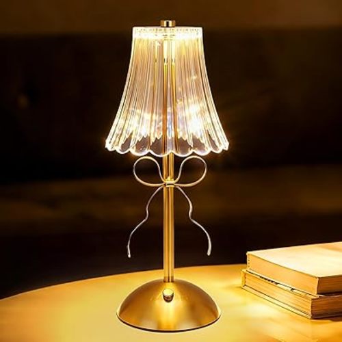 Crystal Bow Table Lamp,Gold Rechargeable Table Lamp Cordless,3 Color Dimmable LED Touch Lamps,Battery Operated Desk Lamps,Bow Night Light for Princess Bedroom Bedside Restaurant Kitchen Decor