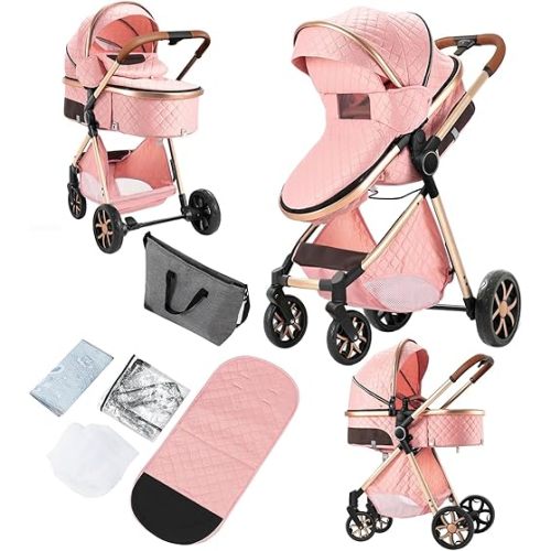 2 in 1 Baby Stroller, Convertible Pram, Reversible Standard Stroller, Portable Baby Buggy, Infant Carriage, Foldable High Landscape Pushchair for Toddler Newborn (225 Pink)