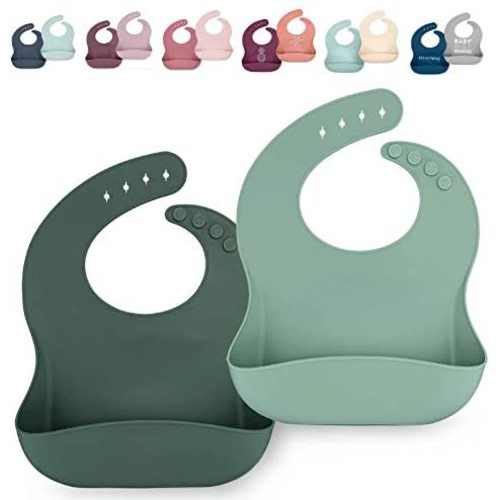 AVA + OLIVER Silicone Bib Set - Adjustable Waterproof Bibs - Set of 2 - Forest