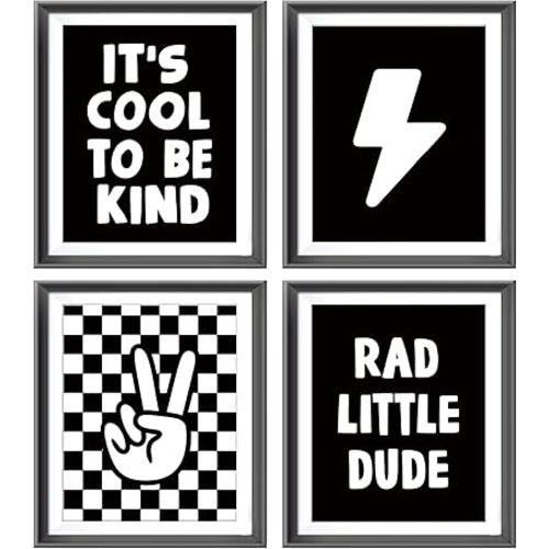 Retro Black White Checkered Preppy Lightning Peace Hand Sign Poster Prints for Boy Room Dorm Decor,Rad Little Dude Funny Decorations Prints Wall Art Unframed 4pcs 8x10inches,Teen Boys Gifts (8W×10L)