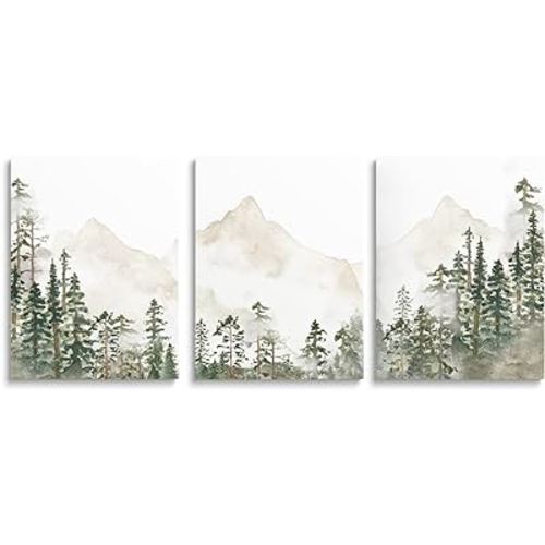 SKYSUKEY Foggy Forest Wall Art Woodland Nursery Wall Decor Netural Wall Art Wild Watercolor Nature Nursery Decor Mountain Wall Art Green Canvas Prints for Bedroom Living Room Nursery Room, Home Office Decor, Framed Canvas Wall Art, Set 3, 12"x16"