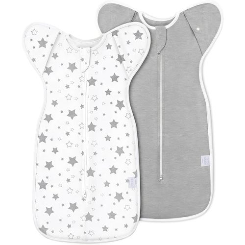 2-Pack Baby Swaddle Sleep Sack 0-3 Months - Arms Up Transitional Swaddle for Newborns, Baby Sleep Sack with Cuff Removable & 2-Way Zipper, Gray Stars Design