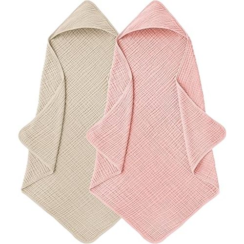 Muslin Hooded Baby Towels for Newborns, Toddler Bath Towel, 100% Cotton – 6 Layers Super Soft Absorbent Breathable, Baby Bath Towel, 32"x32", Newborn Essentials – Pack of 2