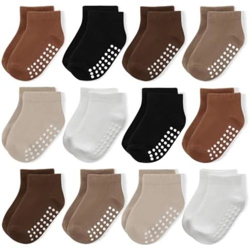 JAKIDAR 12 Pair Baby Toddler Socks Non-Slip Grip Cotton Ankle Socks for Boys Girls Non Skid Soles for Infants Kids