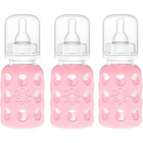 Lifefactory Glass Baby Bottles with Silicone Protection - 3-Pack, 4 oz Bottles, (Pink)