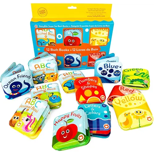 Super Bath Book Set of 12 (Fruits, Ocean Friends, ABC, Numbers Books; Color Recognition Bath Books Including Yellow, Green, Red and Blue Color Topics, ABC Animal Bath Books.