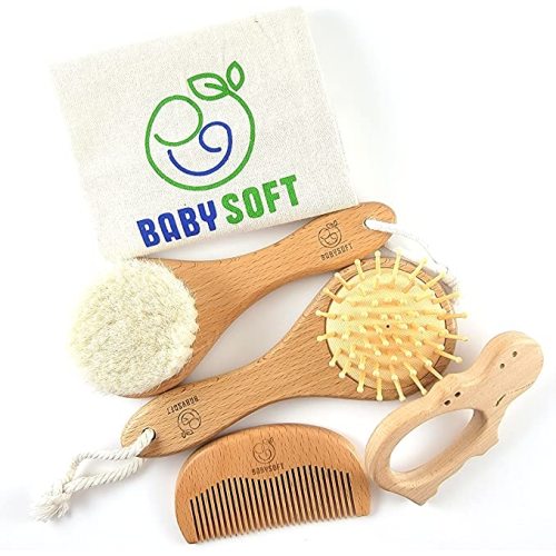 Babysoft Baby Hair Brush & Comb Set for Newborns & Toddlers-Promotes Blood Circulation, Stimulates & Massage Baby's Scalp, Prevents Cradle Cap-Great Baby Shower & Baby Registry Gift! (5 Piece Set)