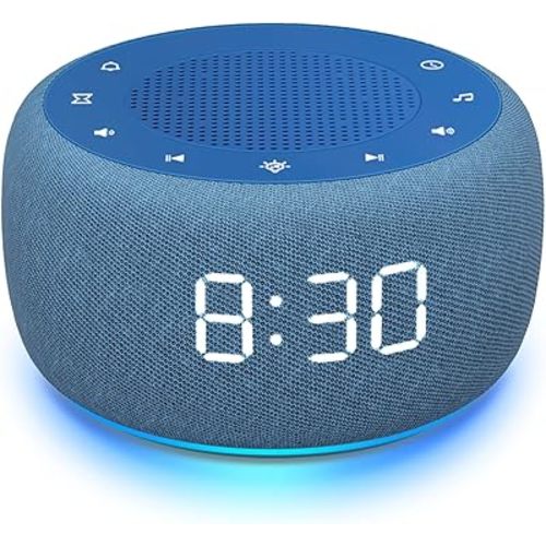 Buffbee Sound Machine & Alarm Clock 2-in-1, 0-100% Clock Face Brightness, Bottom Colored Light, Sleep Timer, Precise 30-Level Volume Control White Noise Machine - Twilight