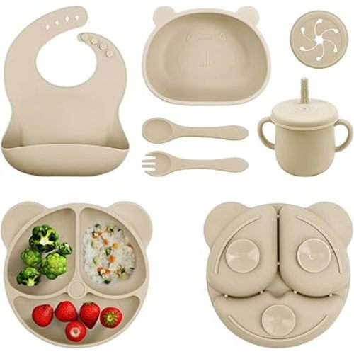 Baby Led Weaning Supplie, Silicone Baby Feeding Set with Suction Plate and Bowl, Toddler Self Feeding Essentials with Spoons Forks Bib Sippy Cup, Eating Utensils for 6+ Months (10 Pcs)