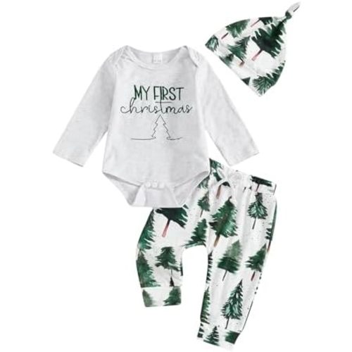 First Christmas Outfit Newborn Baby Boy Letter Long Sleeve Romper Pants Hat Christmas Tree Clothes 3PCS Set