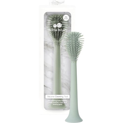 ezpz Bottle Brush (Sage) - Odor-Resistant Silicone Cleaning Tool with Long Sturdy Handle and Suction Base - Flexible Top for Tight Spaces - Gently Cleans Cups, Glasses, Bottles and Accessories