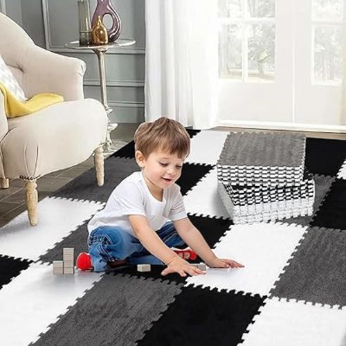 36 Pcs Plush Interlocking Carpet Tiles for Toddler Baby, Non-Toxic Foam, Machine-Washable, Anti-Slip, EVA Foam for Floor, Nursery, Playroom, Grey White Black