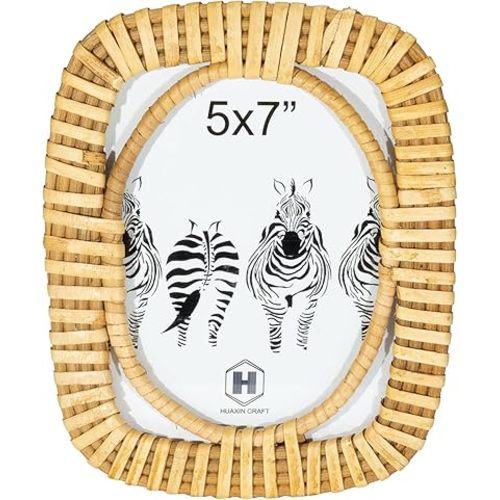Wooden Zebra Oval Picture Frame 5" x 7", Handmade Rattan Photo Freame for Decor