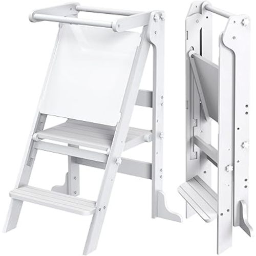 Toddler Tower Foldable with 3 Adjustable Heights & Double-Sided Drawing Board, Montessori Kitchen Step Stool Helper, Learning Stool with Safety Rail, Standing Tower for Counter Bathroom Sink (White)