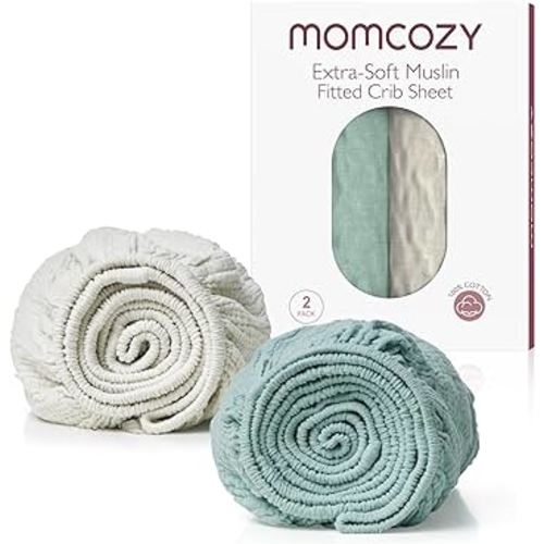 Momcozy Muslin Fitted Crib Sheet, 2 Pack Soft Breathable Natural Cotton 52"x28" Baby Mattress Sheet, 360° Mattress Wrapping No Slip Boys Girls Neutral Toddler Bed Sheet, Large, Green & Grey