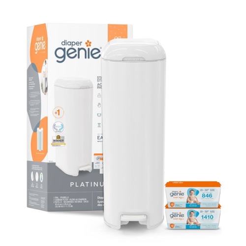 Diaper Genie Platinum Pail Gift Set, Lily White, Made of Durable Stainless Steel and Includes 2 Easy Roll Refills with 18 Bags and 30 Bags