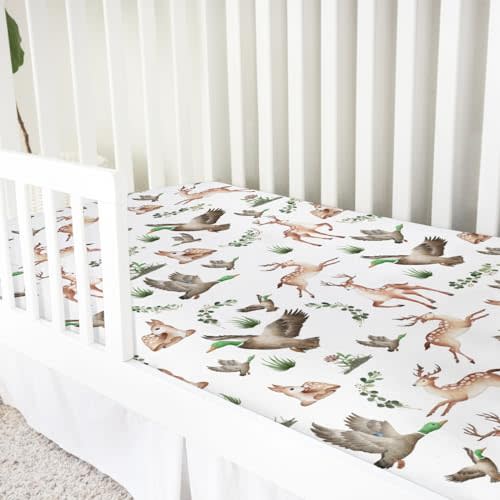 Wild Animals Hunting Crib Sheets for Girls and Boys 52"x28" Hunting Deer Duck Leaves Crib Mattress Sheet Soft Breathable Nursery Bed Sheet for Standard Crib and Toddler Mattress