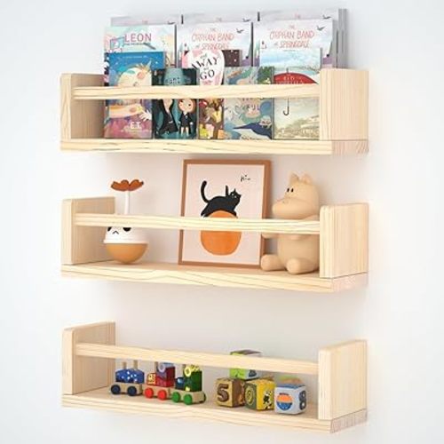 Nursery Floating Shelves for Kids Room, Set of 3 Wall Book Shelves for Kitchen Living Room, Book Shelf Wall Mounted for Baby Kids Bedoom Bathroom (Nature, 16inch Set 3)