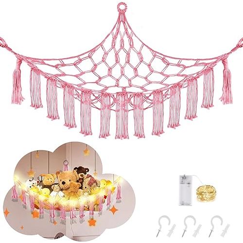 Hammock for Stuffed Animals with LED Light, Kids Room Decor Corner, Pink