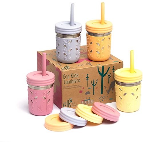 Elk and Friends Stainless Steel Cups | Mason Jar 10oz | Kids & Toddler Cups with Silicone Sleeves & Straws with Stopper | Spill proof Smoothie Cups - Plum/Soft Lilac/Lemon/Peach
