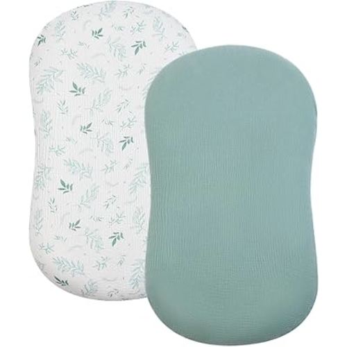Baby Lounger Cover, Muslin Baby Nest Cover 2 Pack, 100% Cotton Newborn Lounger Cover, Infant Lounger Cover, Breathable Adjustable Slipcover for Boys Girls, Covers Only (Green+Leaves)