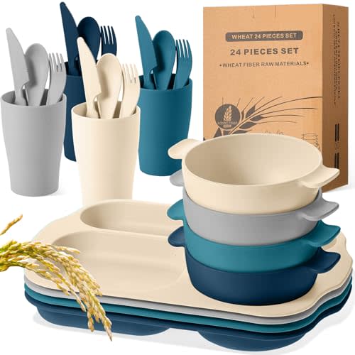 24 Pcs Wheat Straw Dinnerware Cutlery Set for Kids Toddler Aldult Including Divided Plates Microwave Dishwasher Safe Bowl Unbreakable Tableware Straw Cutlery Spoon Knife Fork(Dark Color)