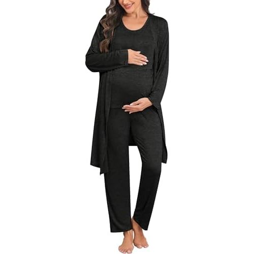 SWOMOG Maternity Nursing Robe Set 3 PCS Postpartum Breastfeeding Pajamas Lounge Hospital Pregnancy Pjs with Robe