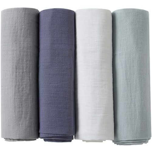 POMISO Muslin Swaddle Blankets, Baby Swaddle Blanket, Large 47 x 47 inches Muslin Baby Blanket wrap for Baby Boys and Girls, 4 Pack, Solid Color, Grey Blue White Green