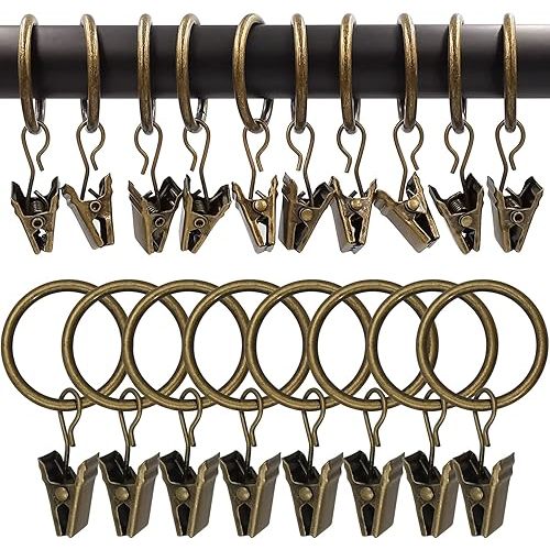100 Pack Bronze Curtain Rings with Clips, Curtain Hooks Hangers Clip Rings for Hanging Drapes Bows Hat, Drapery Rings 1 in I D, Fits up to 5/8 in Diameter Curtain Rod.