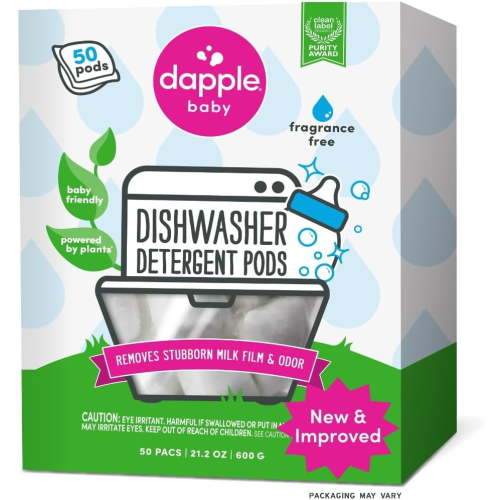 Dapple Baby Dishwasher Pacs, Hypoallergenic Dishwasher Pods Powered by Plants, Removes Milk Residue & Odor on Dishes, Baby Bottles & Kitchenware, Fragrance Free, 50 count