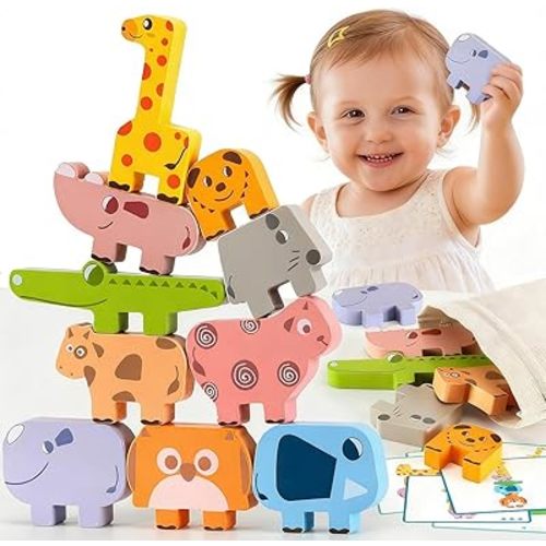 Montessori Toys for 2 3 4 Year Old Girls & Boys, Wooden Animal Stacking Blocks for Toddlers 1-3, Building Blocks Game Stacking Toys Ages 2-4 Toddler Birthday Gifts