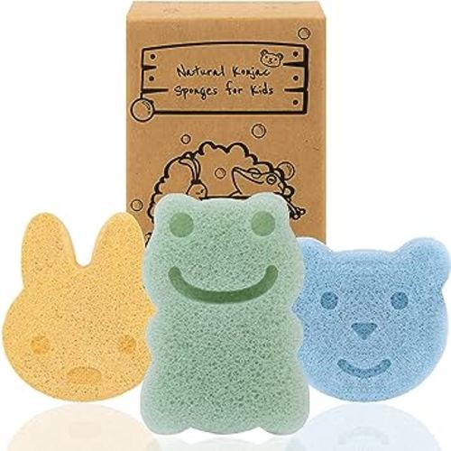 myHomeBody Konjac Baby Sponge for Bathing, Cute Shapes Natural Kids Bath Sponges for Infants, Toddler Bath Time, Natural and Safe Plant-Based Konjac Baby Bath Toys, 3pc. Set: Rabbit, Frog, Bear face