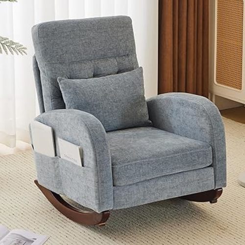 VINGLI Chenille Low Seat Rocking Chair,Upholstered Nursery Glider Chair with Side Pockets, Accent Arm Chair with High Backrest,Comfy Head Rest, and Solid Wood Base For Living Room Bedroom Balcony,Blue