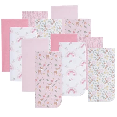 EVERYDAY KIDS 12 Pack Burp Cloths for Baby Girl; Newborn Essential with - Large Absorbent Cotton Flannel Pink Burping Cloths for Babies with Woodlands, Floral and Rainbow Prints and Solids