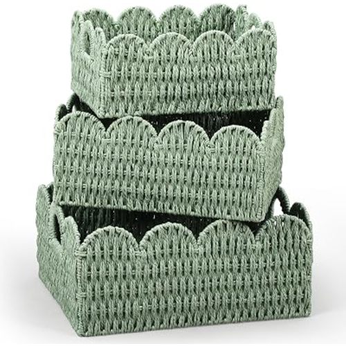 Set of 3 Paper Rope Scalloped Wicker Baskets, Diaper Caddy Storage Baskets, Sage Green Decorative Woven Bins with Handles for Nursery Shelves, Books, Bathroom Laundry Towels