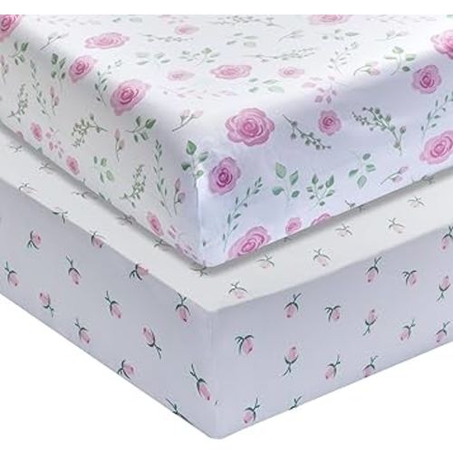 EVERYDAY KIDS 2 Pack Fitted Girls Crib Sheet, 100% Soft Breathable Microfiber Baby Sheet, Fits Standard Size Crib Mattress 28in x 52in, White and Pink Nursery Sheets with Flowers, Roses and Rosebuds
