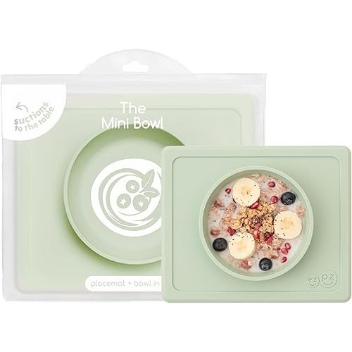ezpz Mini Bowl for 12 Months+ (Sage) - 100% Silicone Suction Bowl with Built-in Placemat for Toddlers - Comes with a Reusable Travel Bag