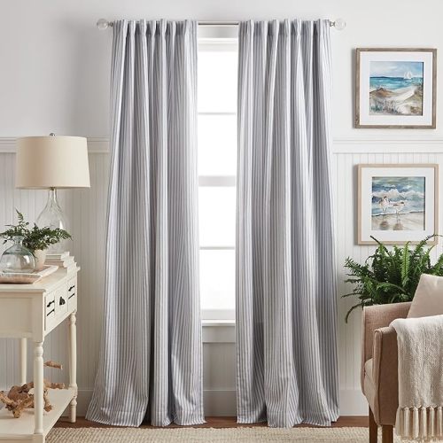 Martha Stewart Ticking Stripe Blackout Lining Rod Pocket/Back Tab Window Curtain Panel Pair, 84", White/Indigo, Set of 2