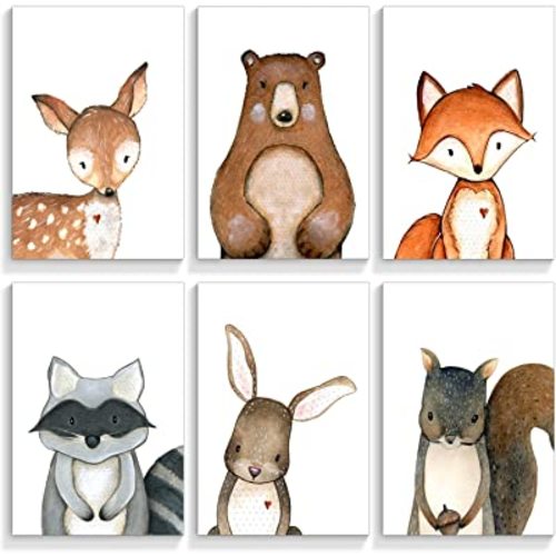 gooptyinh 6 Pieces Woodland Animals Nursery Canvas Wall Art Cute Safari Jungle Animal Deer Bear Bunny Pictures Room Posters Farmhouse Forest Theme Fox Squirrel Raccoon Prints Decor 8x10in Unframed