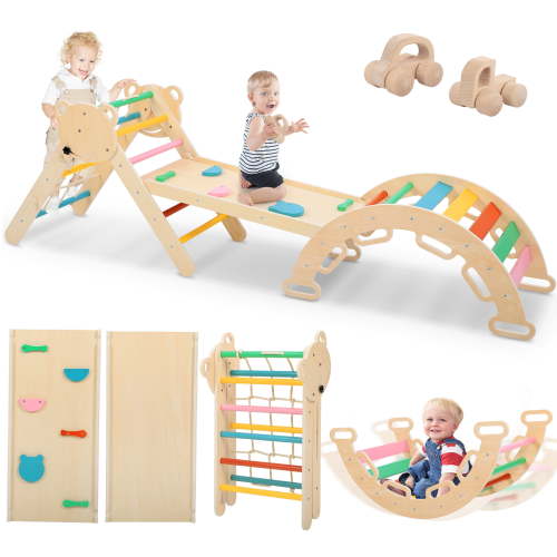 COCLUB Pikler Triangle Climbing Set, 7in1 Toddler Climbing Toys Indoor with Arch&Ramp&Ladder, Climbing Toys for Toddlers 1-3 Inside Gym - Rainbow