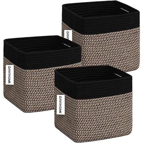 Cube Storage Bins 11 Inch Cotton Rope Woven Storage Basket for Organizing 3 Pack | Storage Cubes for Organization and Storage | Square Cube Organizer | Closet Toy Bin(Black Jute)