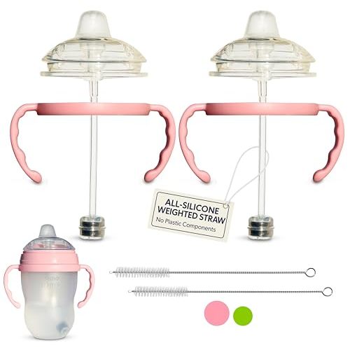 Sippy Cup Conversion Kit for Comotomo Baby Bottles 2-Count, Soft Food Grade Silicone Spout Nipples, All Silicone Weighted Straw, Bottle Handles, Cleaning Brush, BPA-Free, 4+ months (Sippy Spout, Pink)